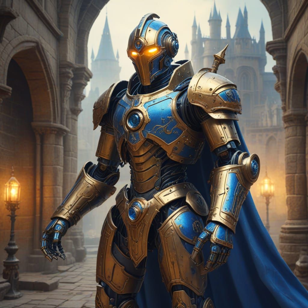 Magical Medieval Robot in Castle Courtyard Painting