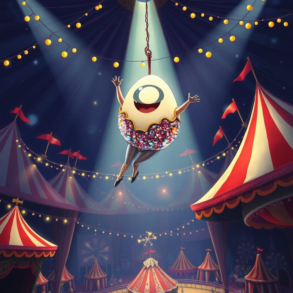 Egg Acrobat in Circus Ring, Dreamlike Illustration