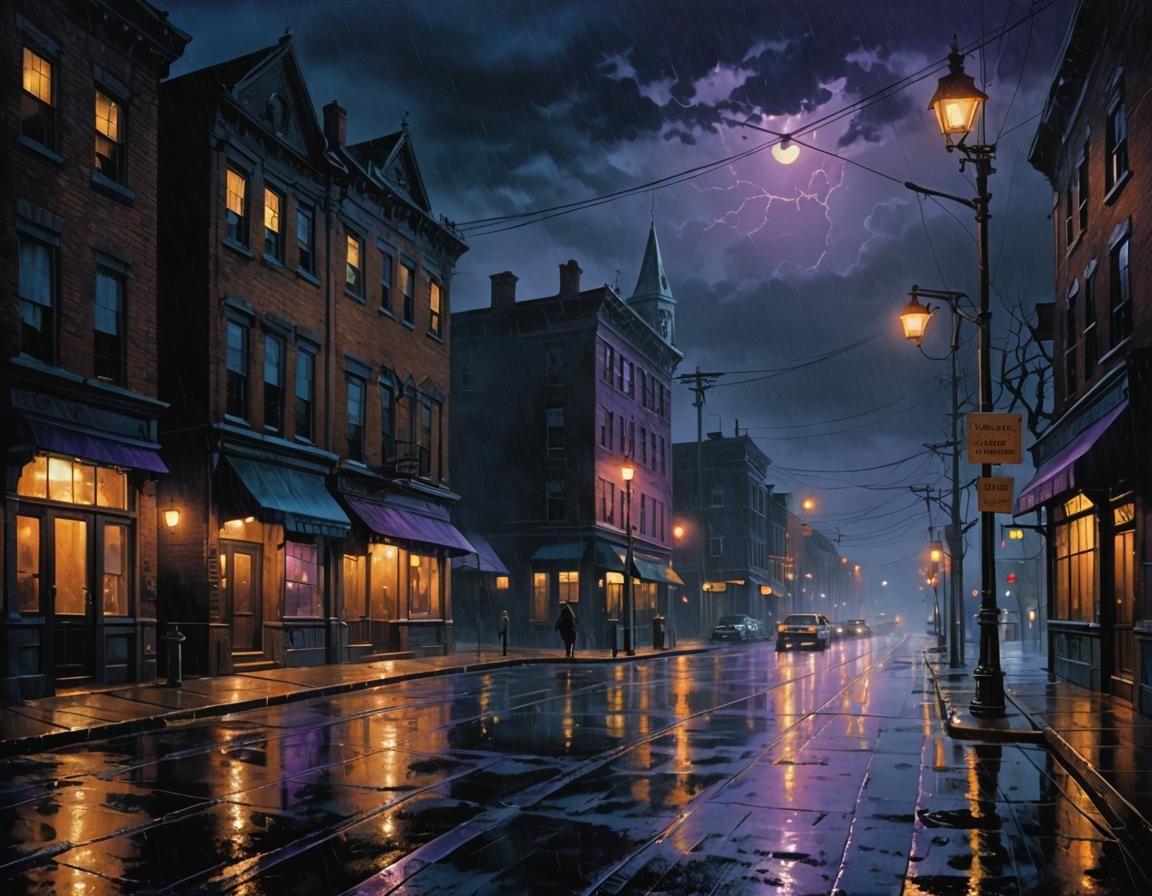 Arkham, Massachusetts on a rainy night