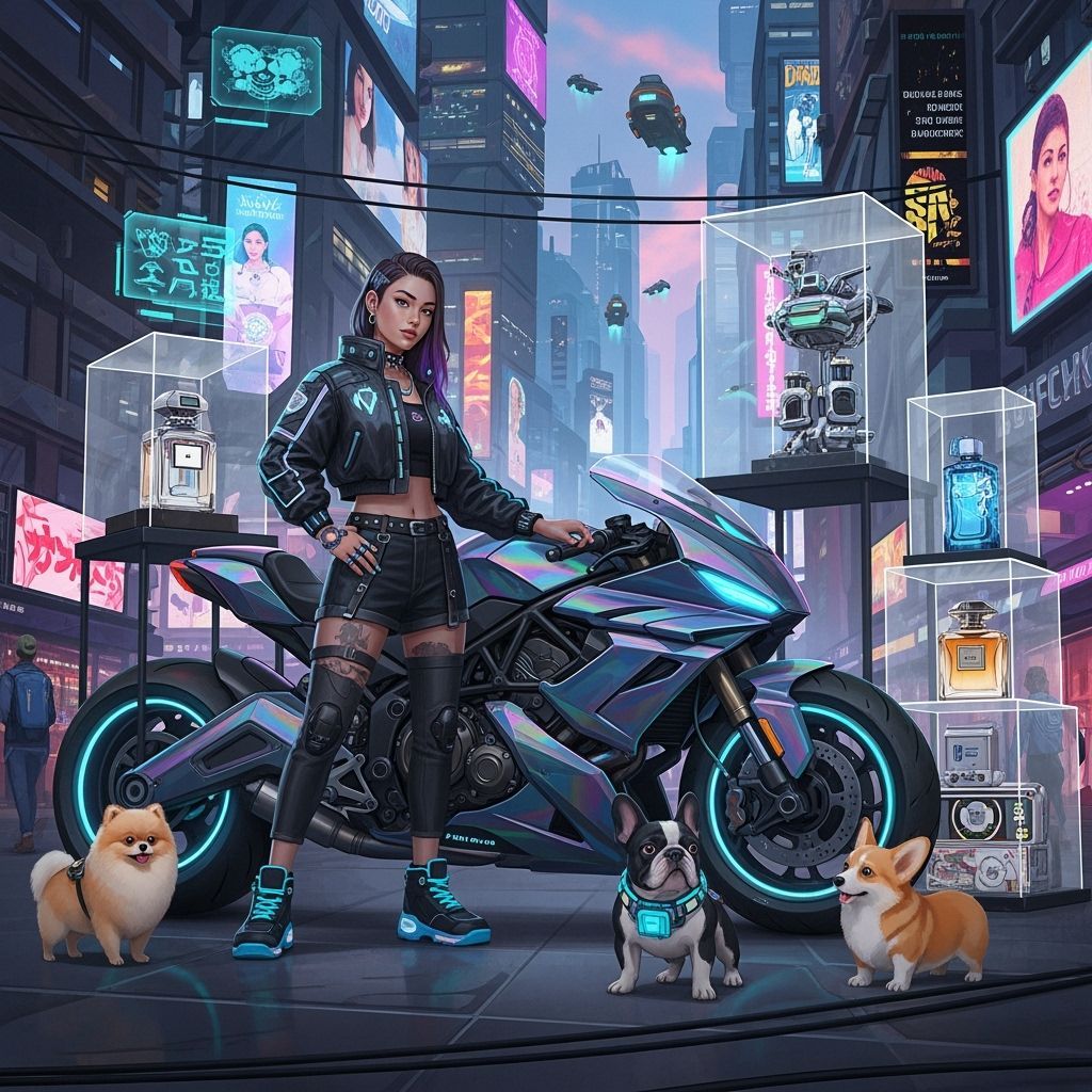 Cybernetic Woman with Motorcycle in Futuristic Cityscape