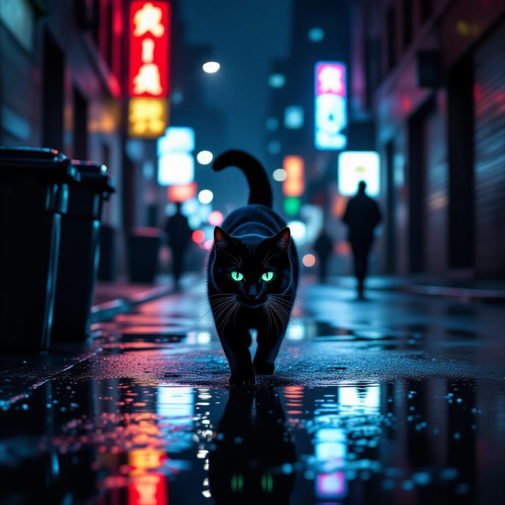 Black Cat Prowls Rainy City Street in Noir Style