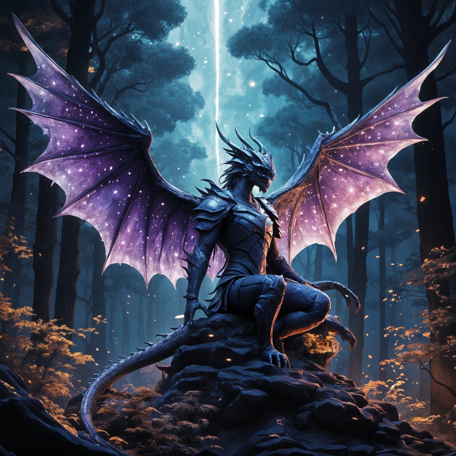 Ethereal Angel Rides Dragon Through Celestial Night Sky