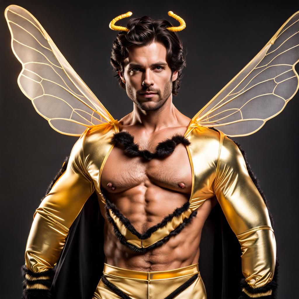 Humorous Bee Costume: Bare-Chested Man with Wings