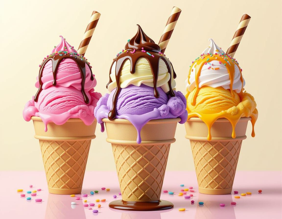 Hyperrealistic Ice Cream Scoops with Chocolate Drizzle