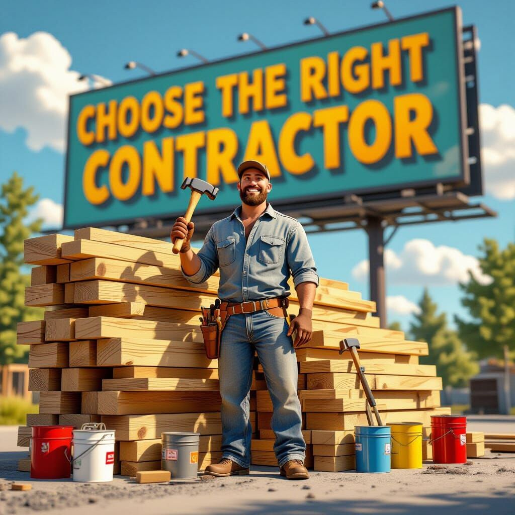 Man with Tools Beside Lumber Stack on Billboard: Choose Cont...