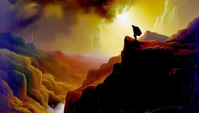 Lone Figure Ascends Mountain Path Towards Celestial Light