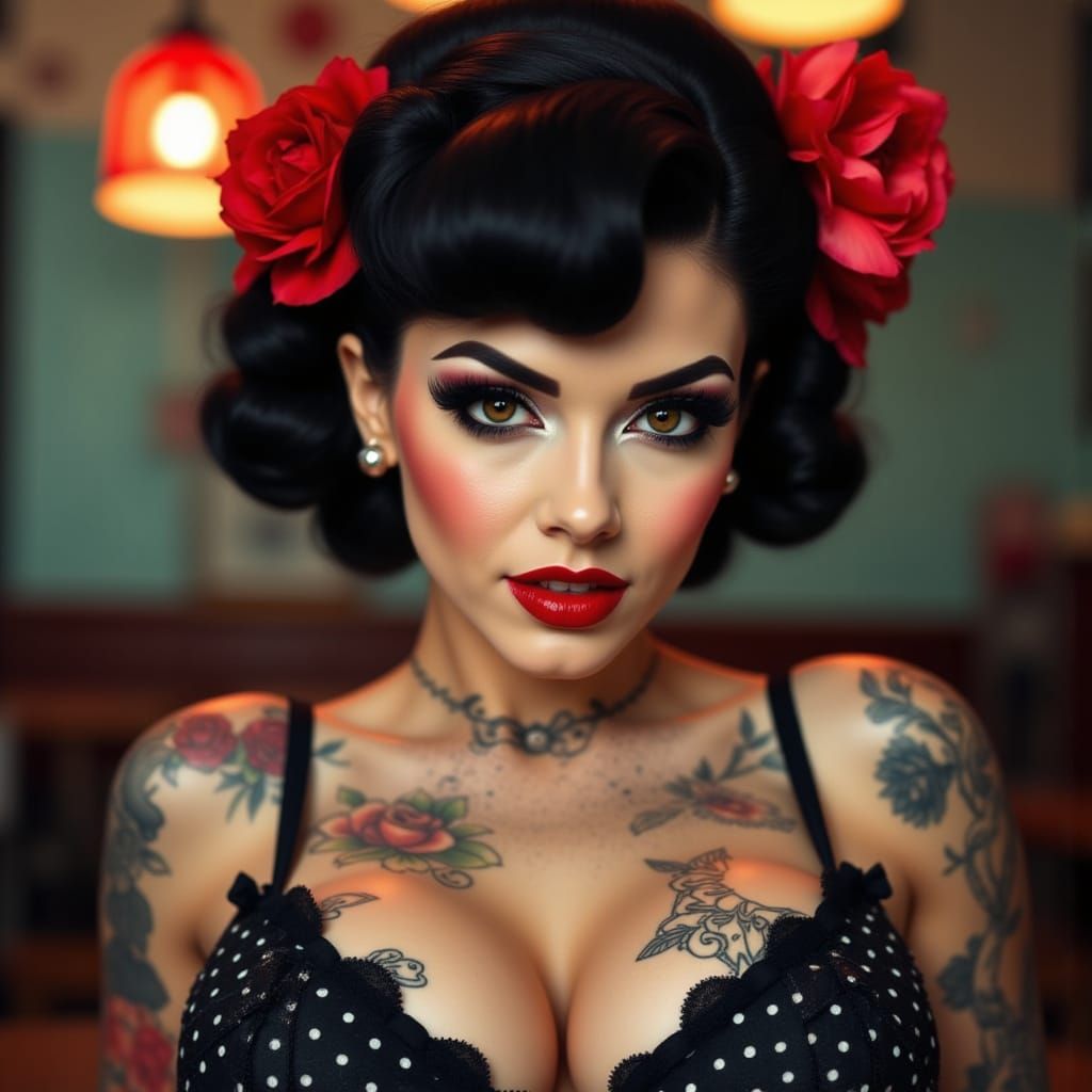 Pin Up Woman with Roses in Hair and Dark Eyes