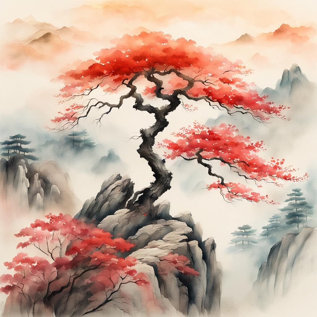Majestic Red Maple on Misty Mountain Peak