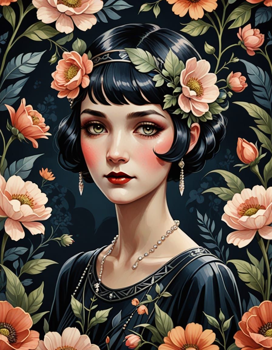 Sultry Art Deco Pixie Dances Amidst Whimsical Florals