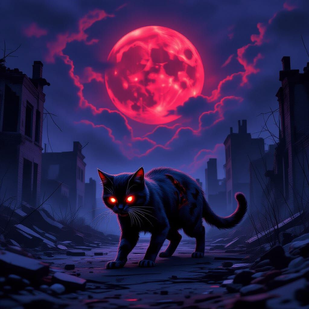 Zombie Cat Hunts Under Blood Moon in Ruined City