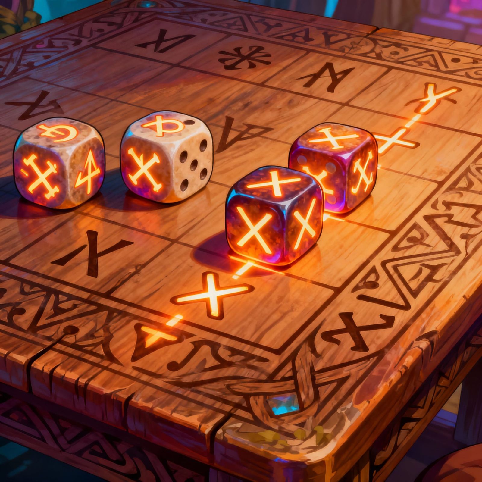 Unique Rune Dice Game Played on a Table