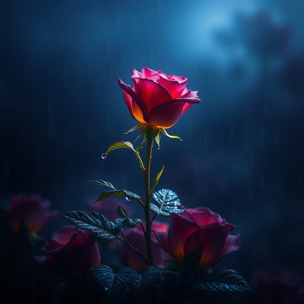 Mystical Rose Blooms Under Starry Night Sky
