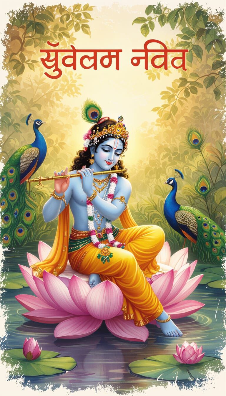 Radha-Krishna in Vrindavan: Watercolor Lotus Scene