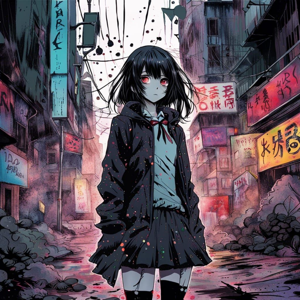 Anime Girl in Street Art with Paint Splatter Effect
