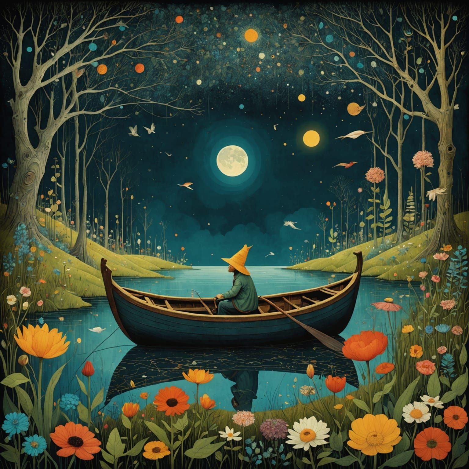Whimsical Dark Collage in Folk Art Style