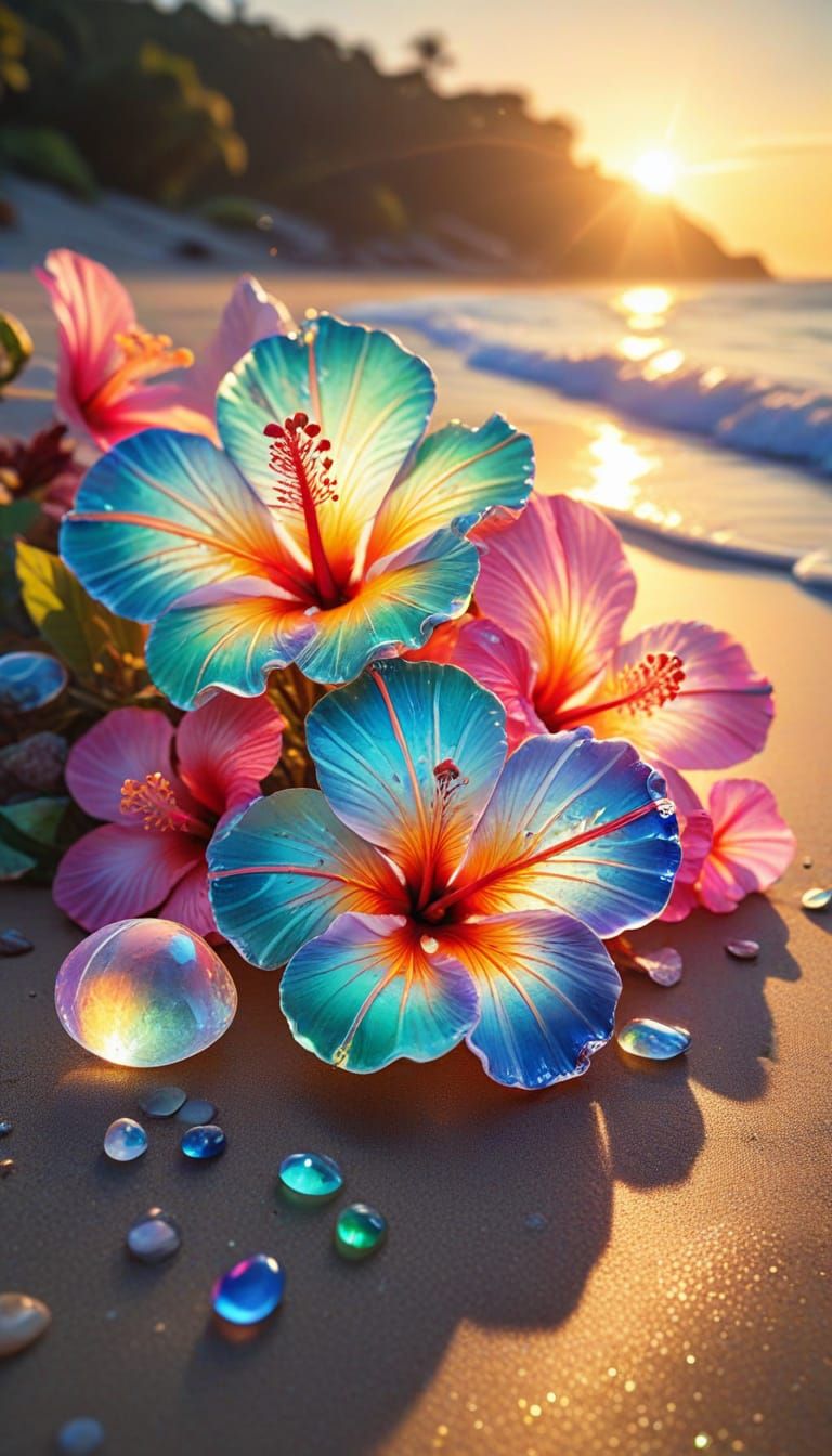 Bioluminescent Hibiscus on a Magical Sunset Beach