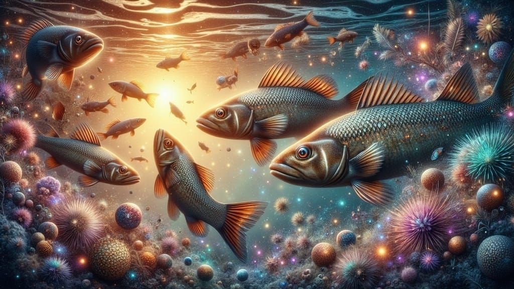 Dreamlike Walleye Feeding Scene in Ethereal Underwater Lands...