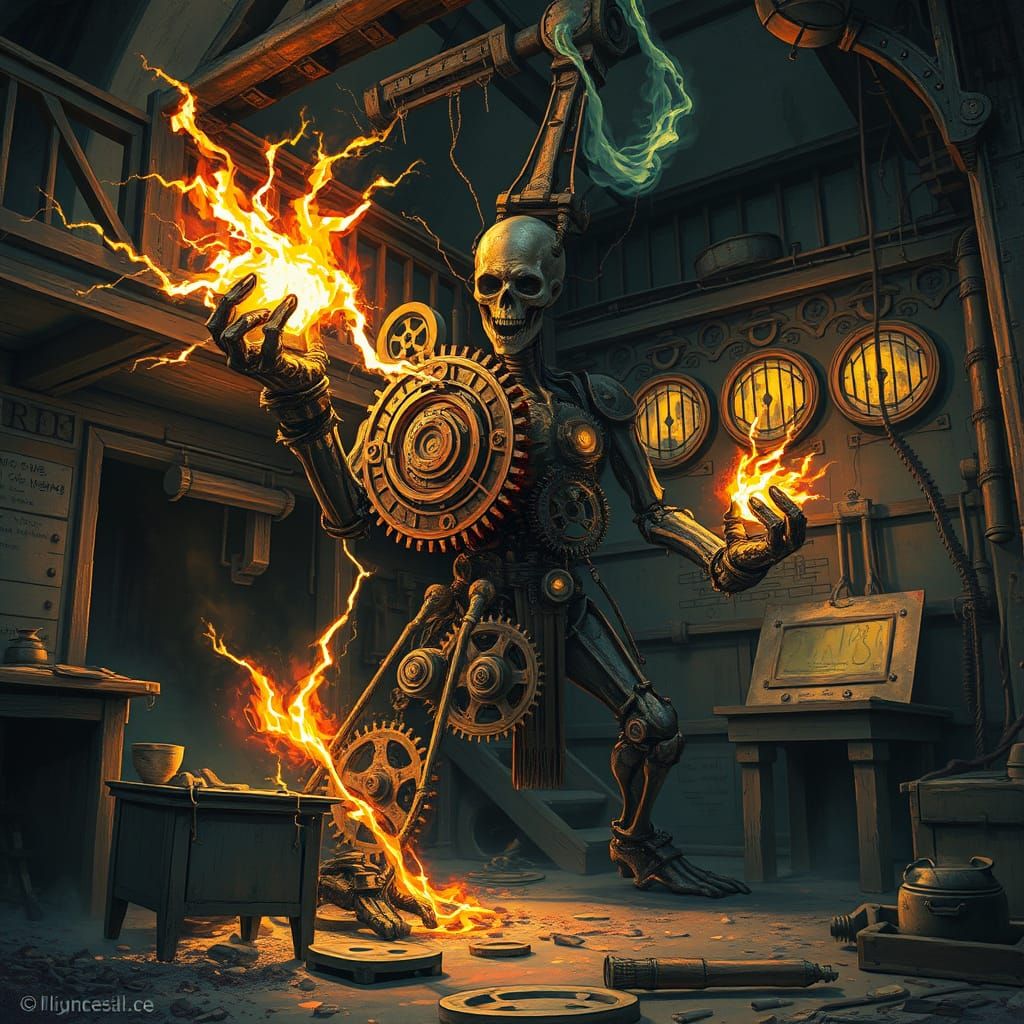 Ancient Automaton Reanimated by Arcane Energy in Dark Fantas...