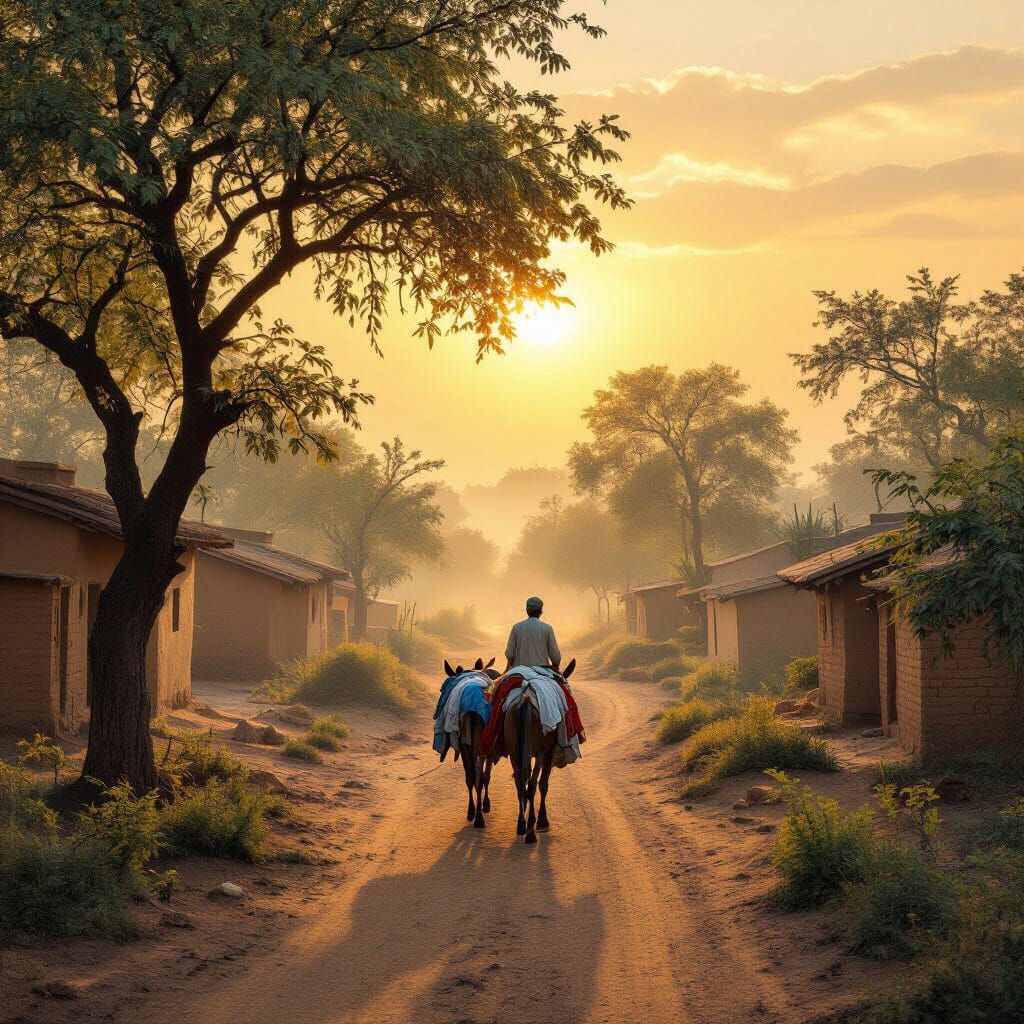 Indian Village Sunrise with Washerman and Donkey