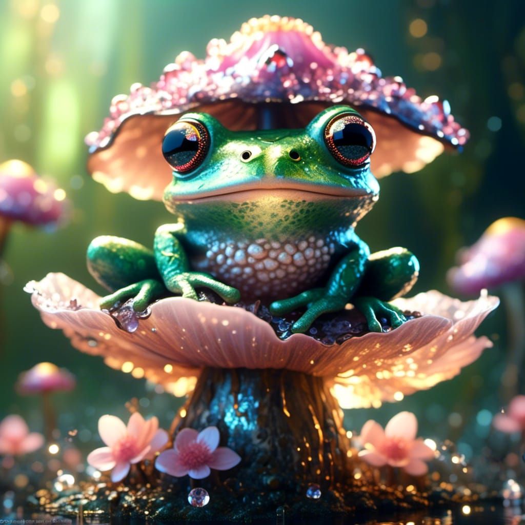 Whimsical Frog on Mushroom with Crystal Peony