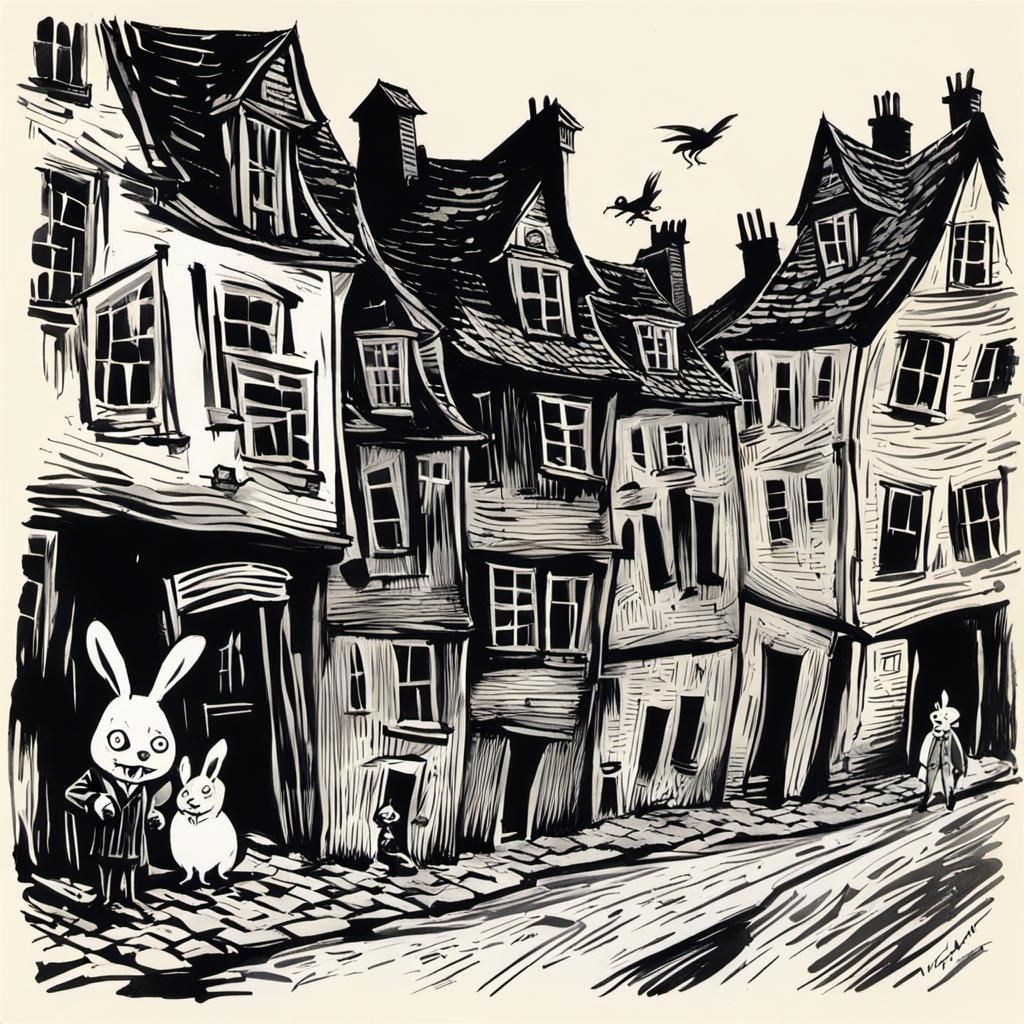Surreal Masquerade Rabbit in Collapsed Cityscape