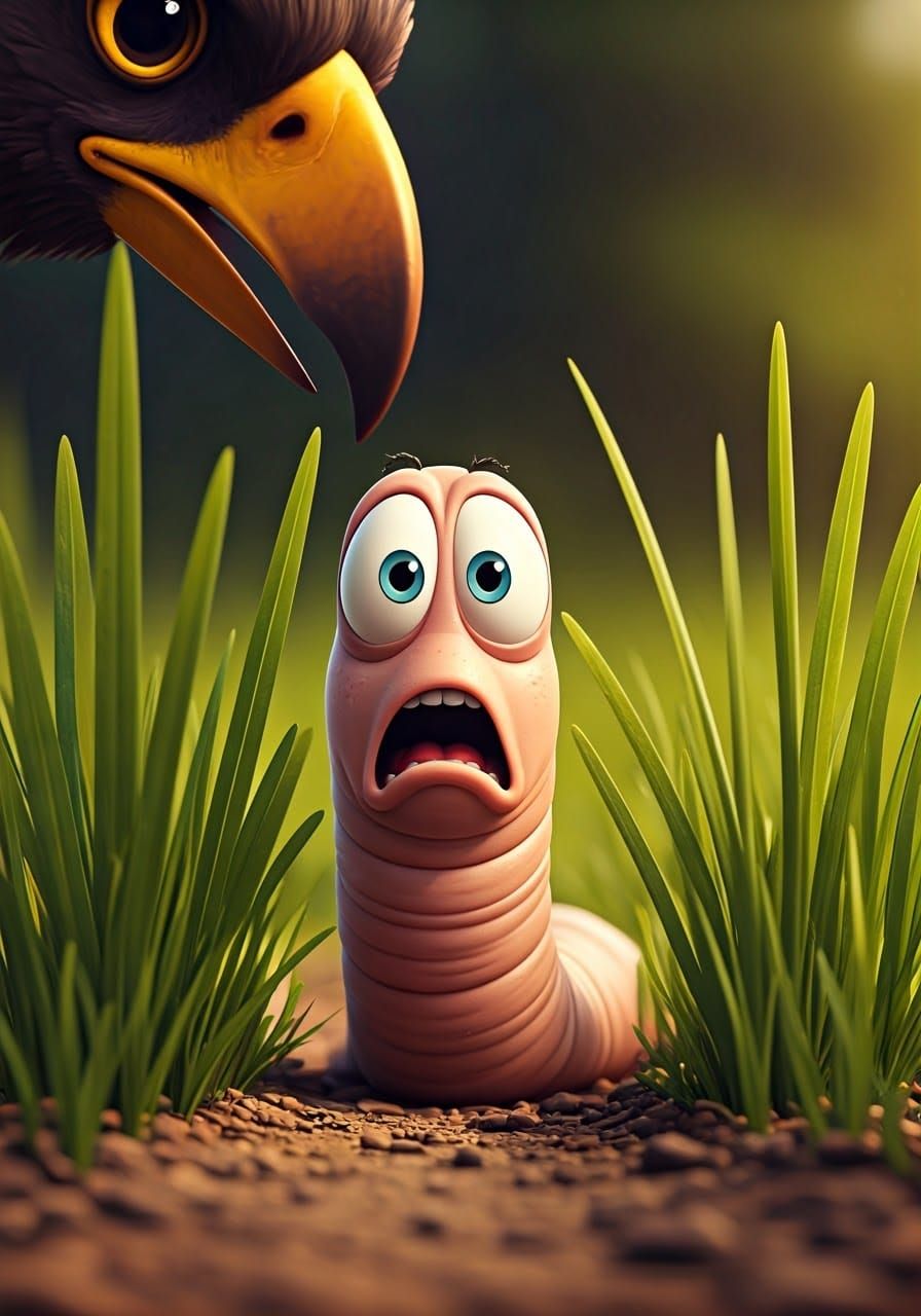 Chubby Earthworm Faces Bird's Beak in Anime-Inspired Closeup