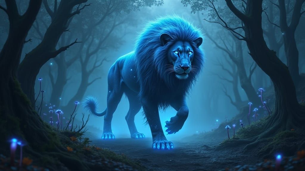 Ethereal Lion Prowls Haunted Forest in Dark Surrealism