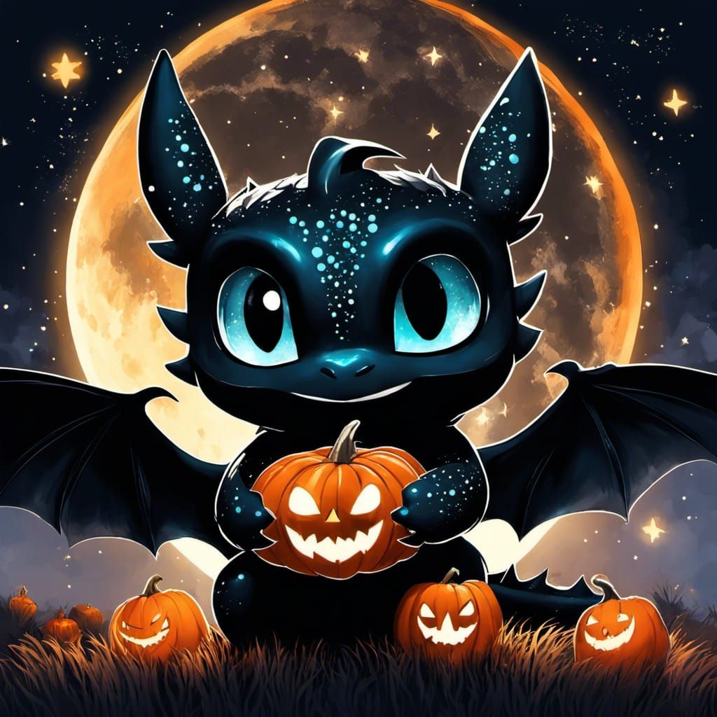 Chibi Toothless with Glowing Spots and Pumpkin Moon