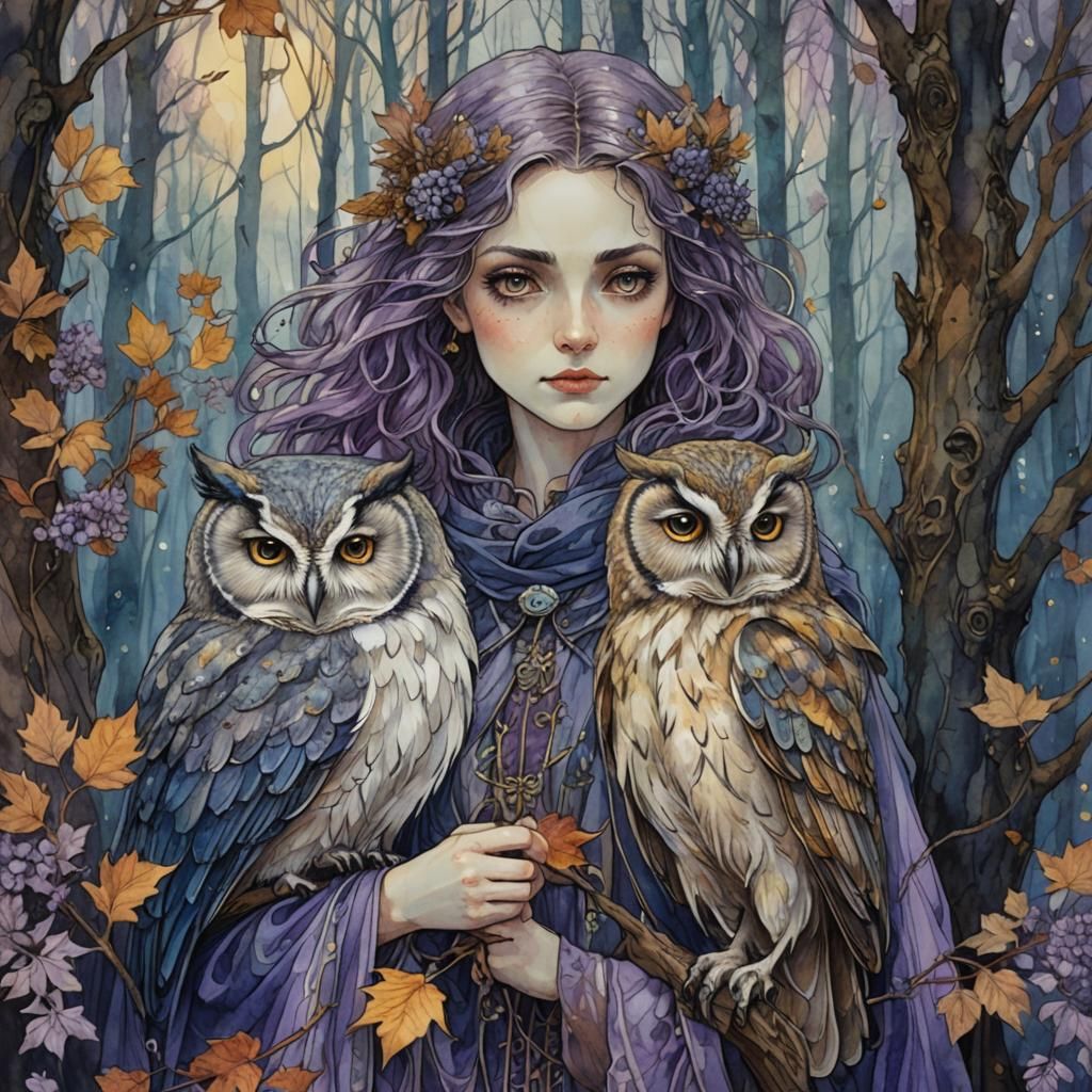 Autumn Owl in Forest, Cel-Shaded Alcohol Ink Illustration