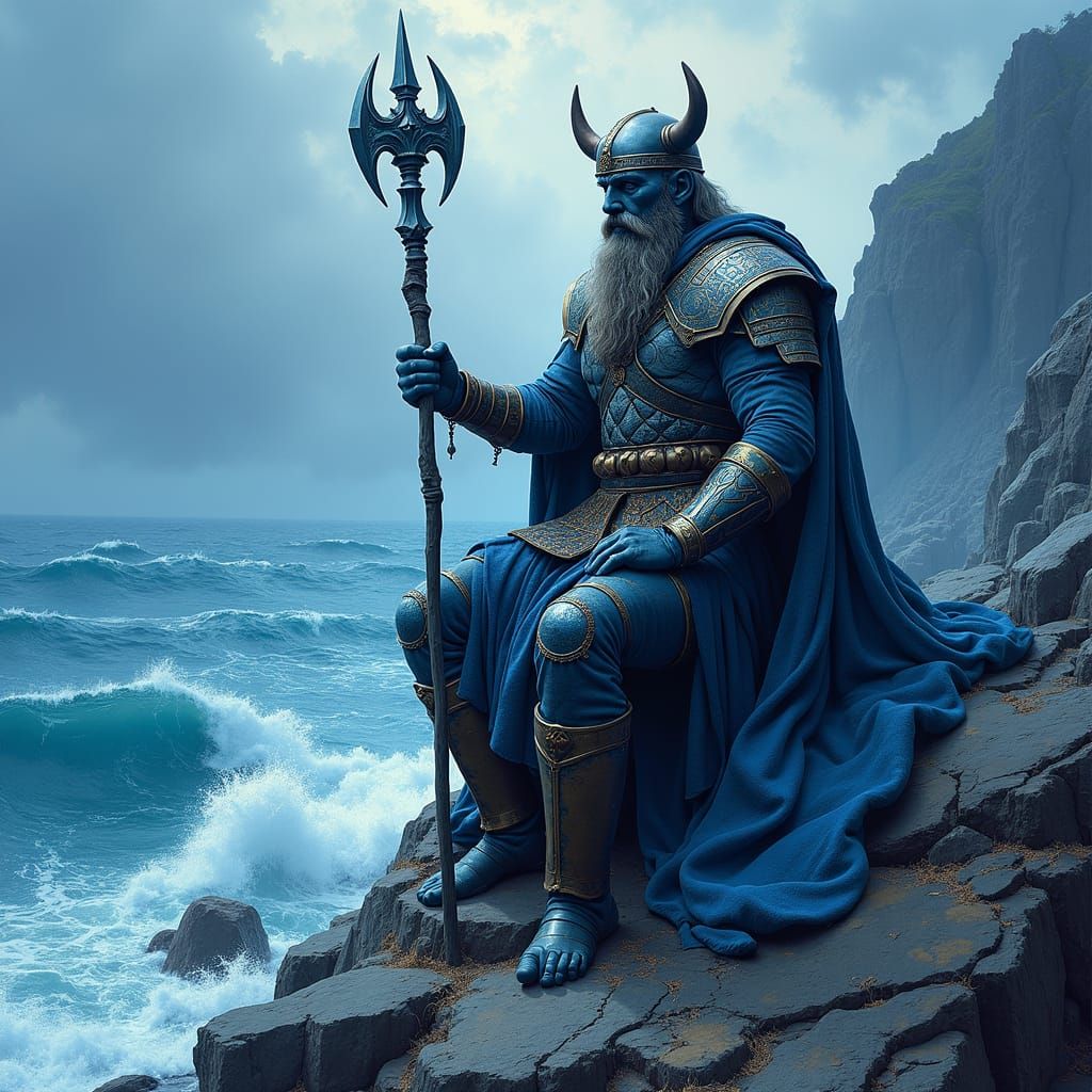 Viking King on Stormy Coast in Blue Period Style