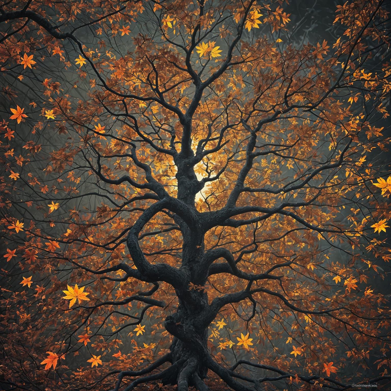 Tree Transforms to Autumn in Vibrant Illustration