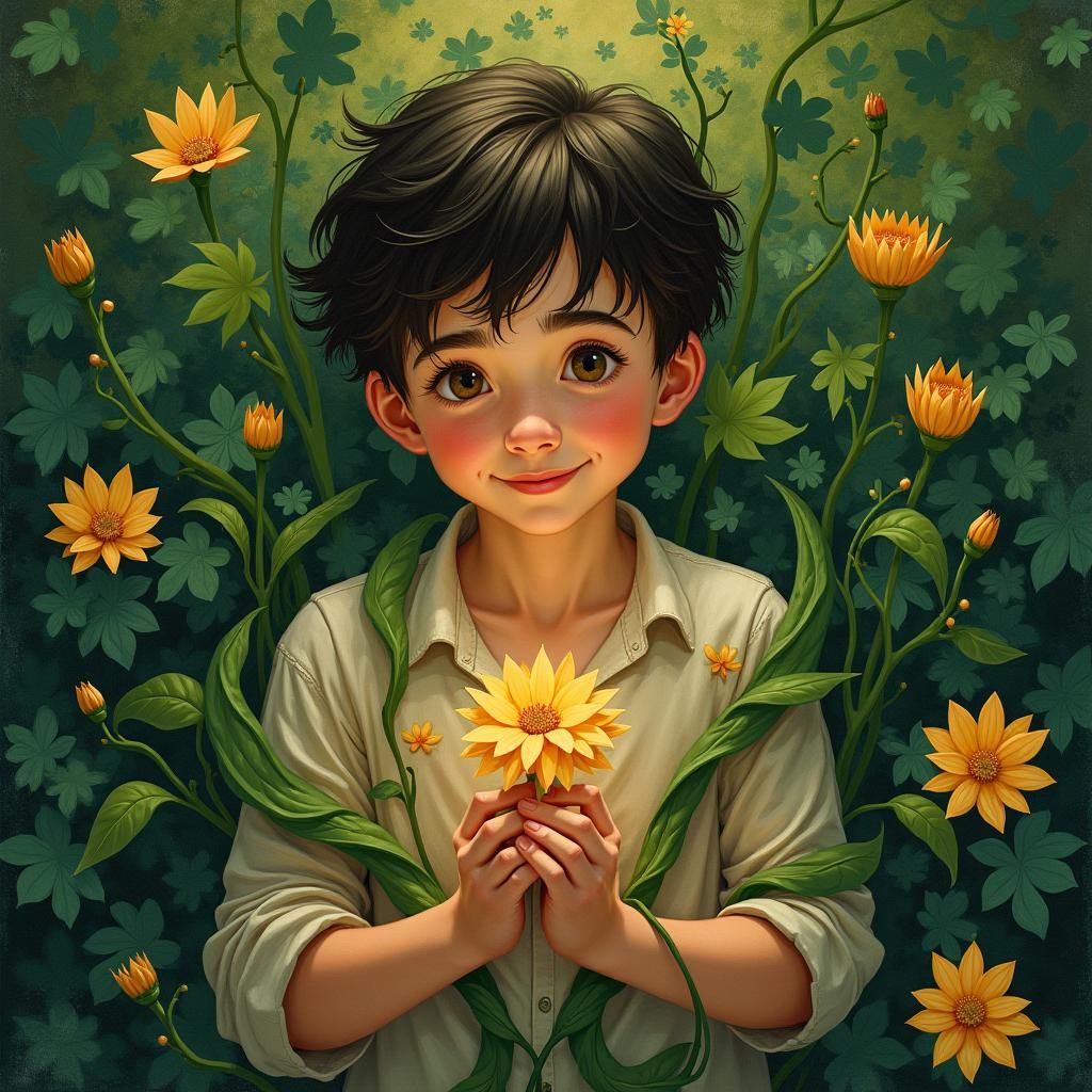 Boy with Flower in Expressionist Nature Scene