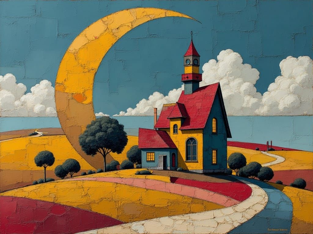 Steampunk Moon Over Rusty House, Surreal Art