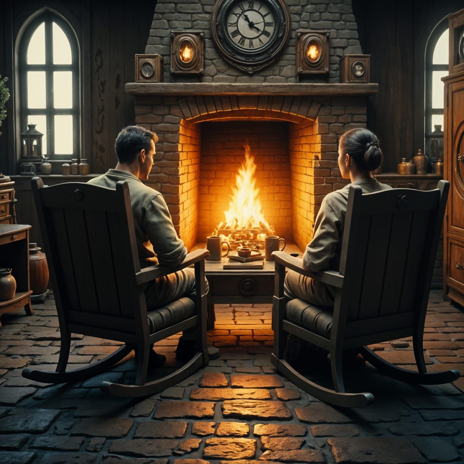 Cozy Scene by the Flickering Fireplace in Rustic Style
