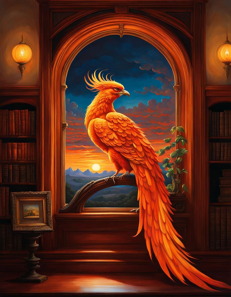 Orange phoenix in a window