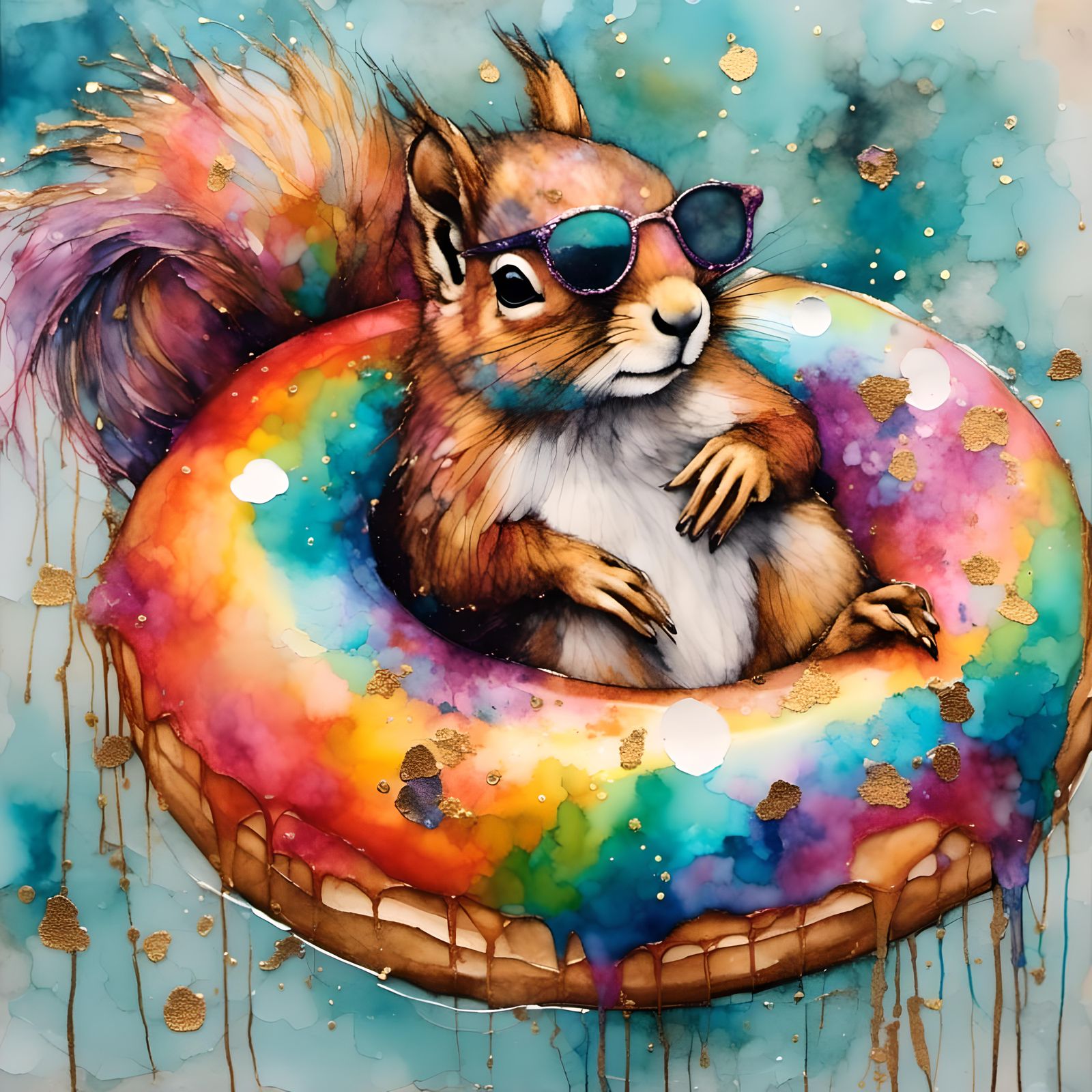 Squirrel in Sunglasses on Donut Float: Mixed Media Collage