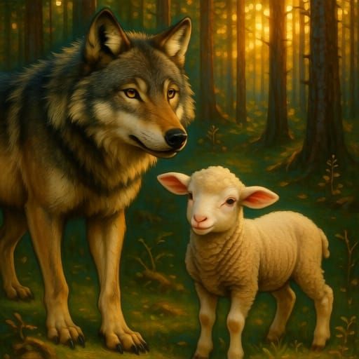 Wolf and Lamb in Forest Sunlight, Shishkin Style