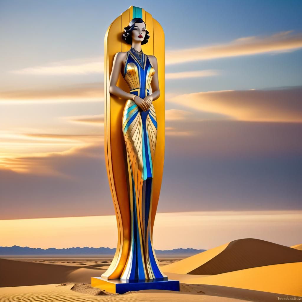 Art Deco Statue in Gobi Desert at Golden Hour