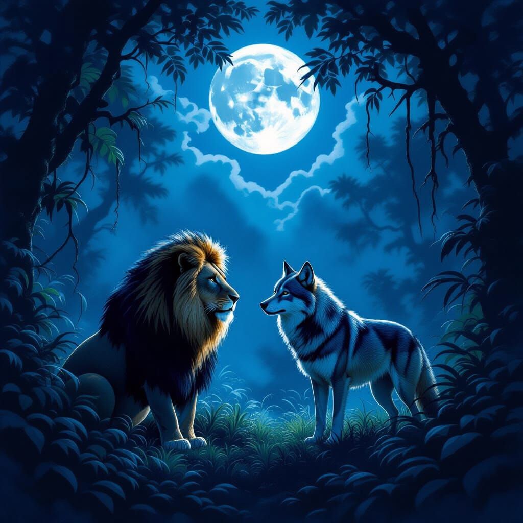 Lion and Wolf in Moonlit Jungle Night