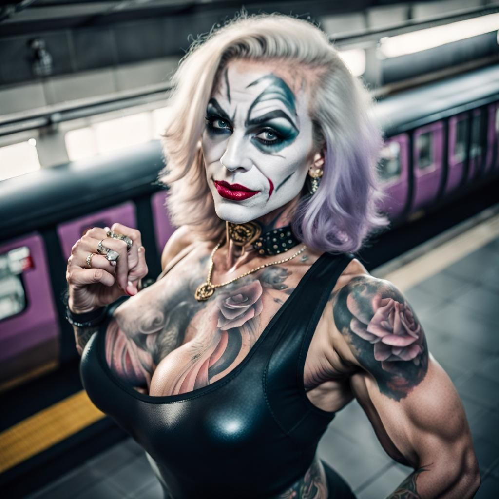 Joker Female Bodybuilder Posing in Tube Station