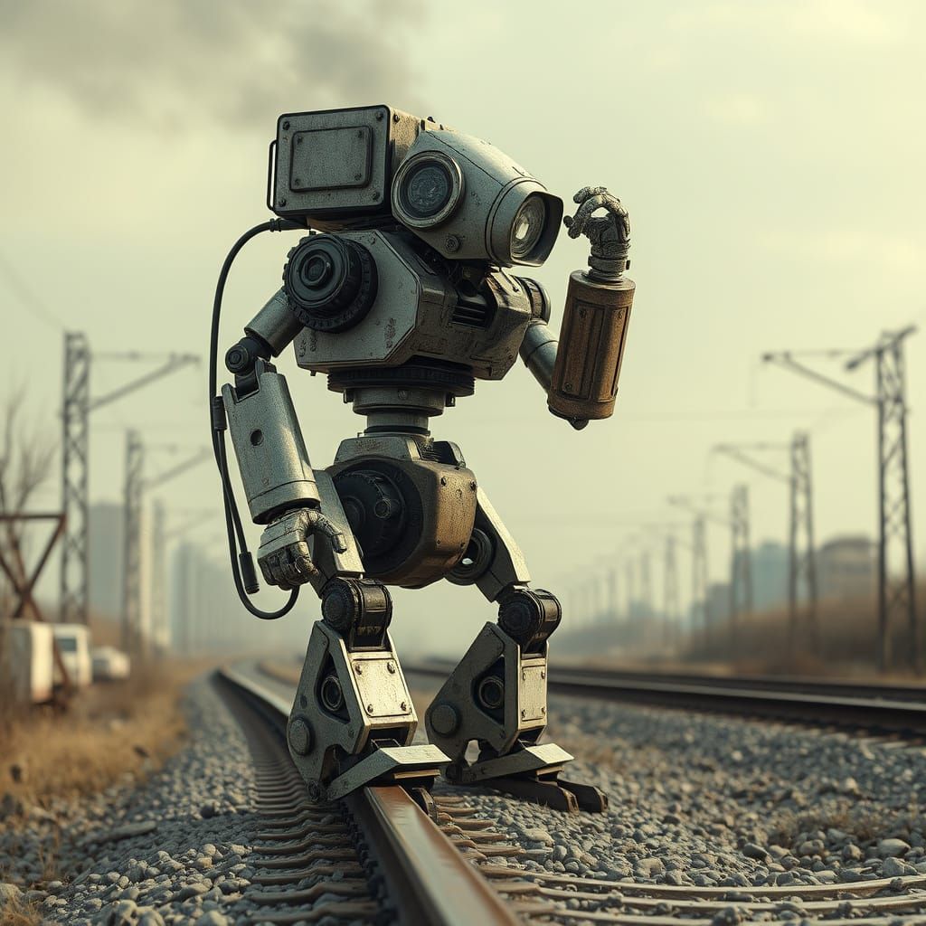 Photorealistic Robot on Railroad Track in Danger