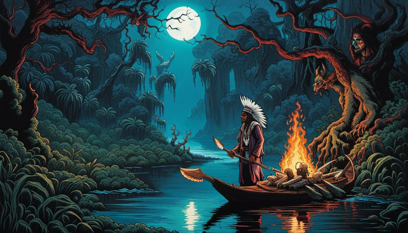 Shaman Confronts Necromancer in Dark Fantasy Bayou