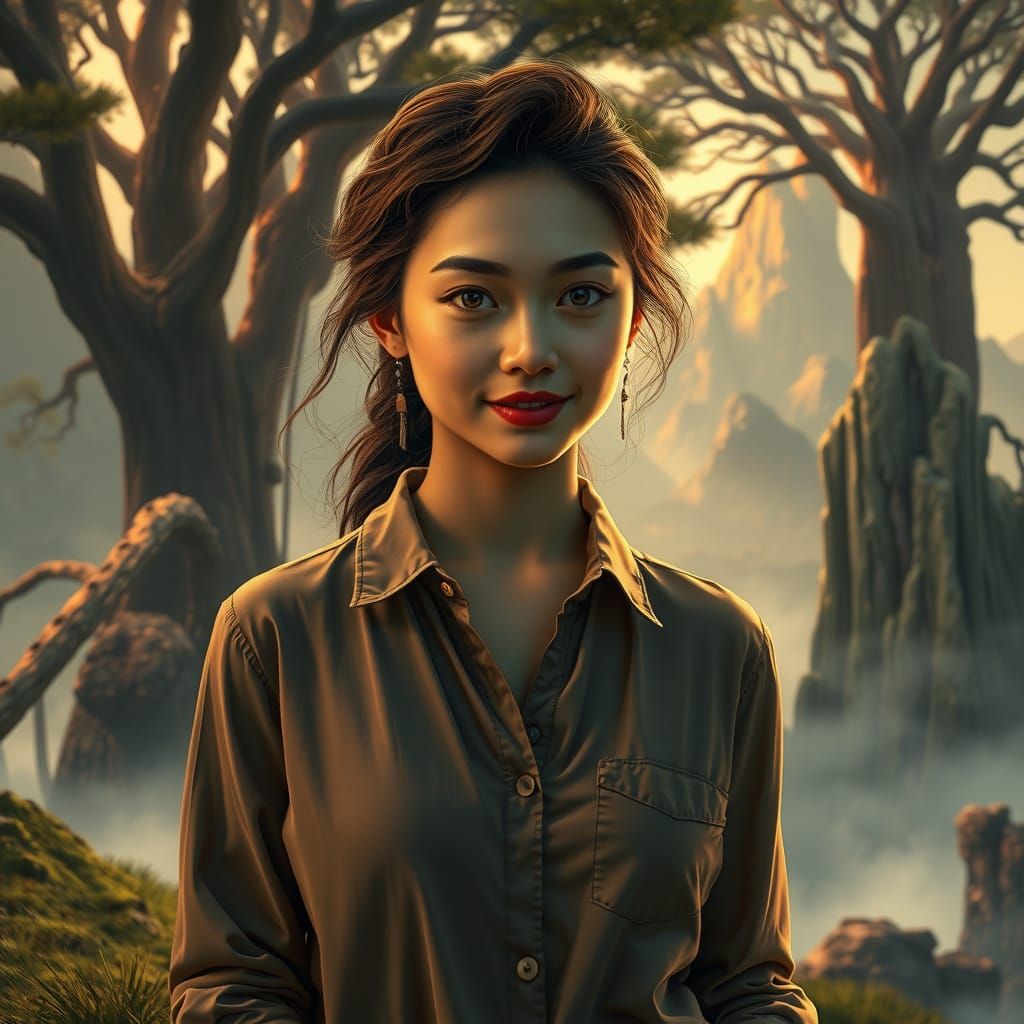 Elegant Woman in Dreamlike Landscape, Digital Painting