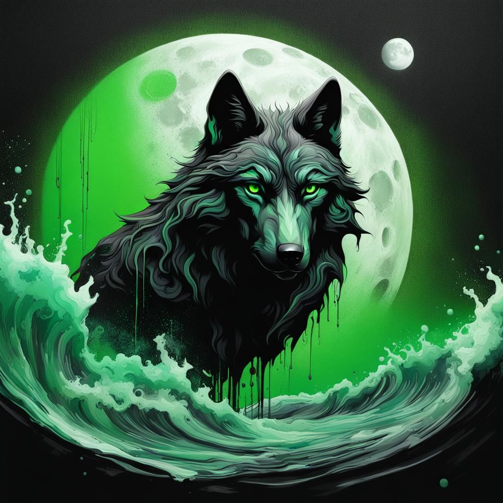 Wolf, Moon, and Sea in Space Graffiti Art