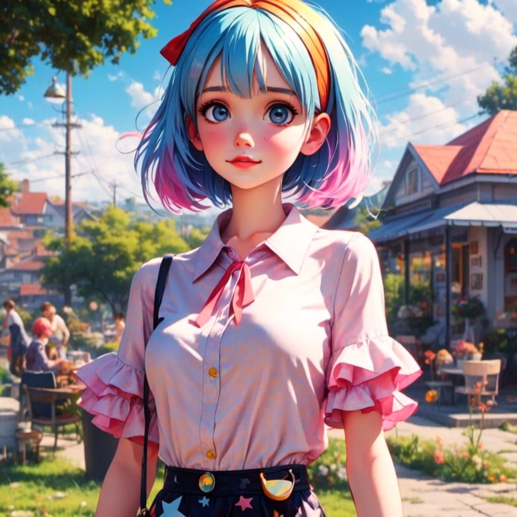 Young Woman with Star Purse in Anime Illustration