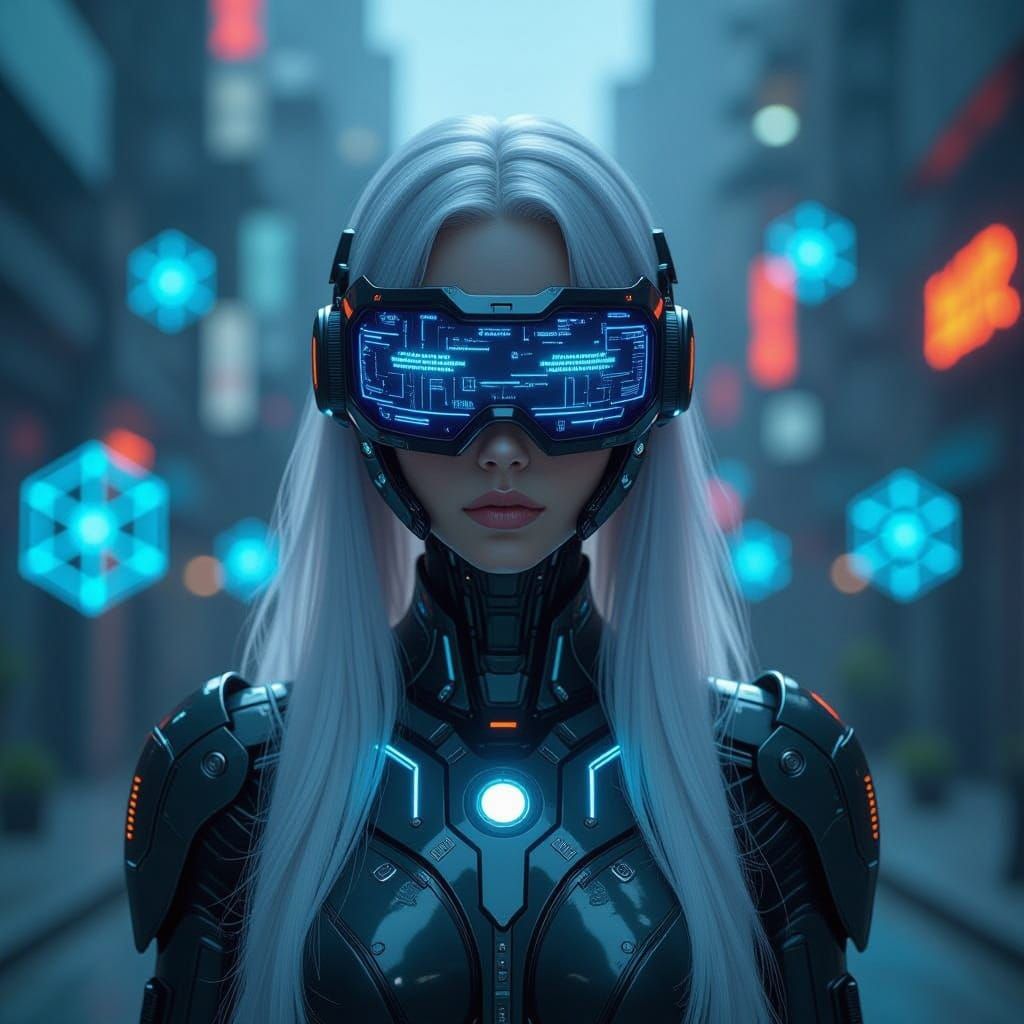 Cyborg Girl in a Futuristic Cityscape