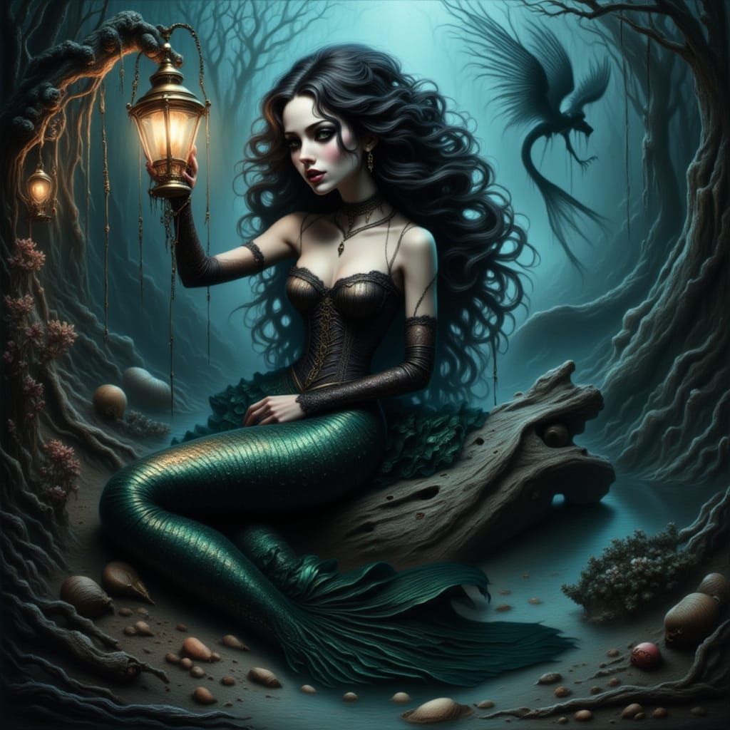 Steampunk Mermaid in Gothic Underwater Scene
