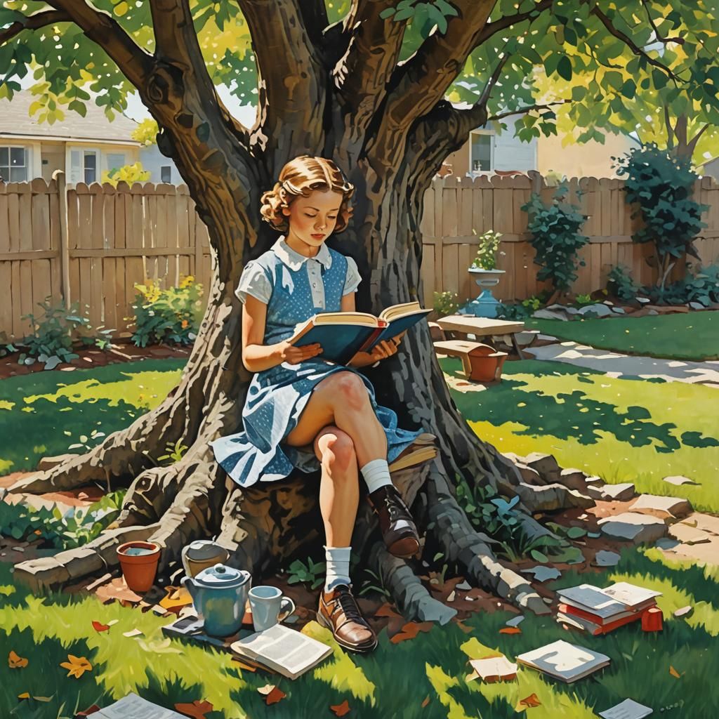 Girl Reading Book in Backyard, Norman Rockwell Style