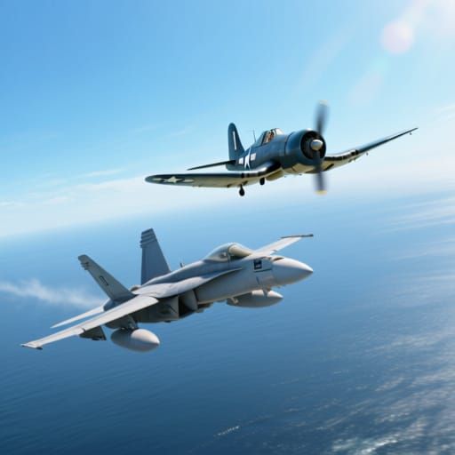 Vintage Corsair and F-18 Hornet in Formation