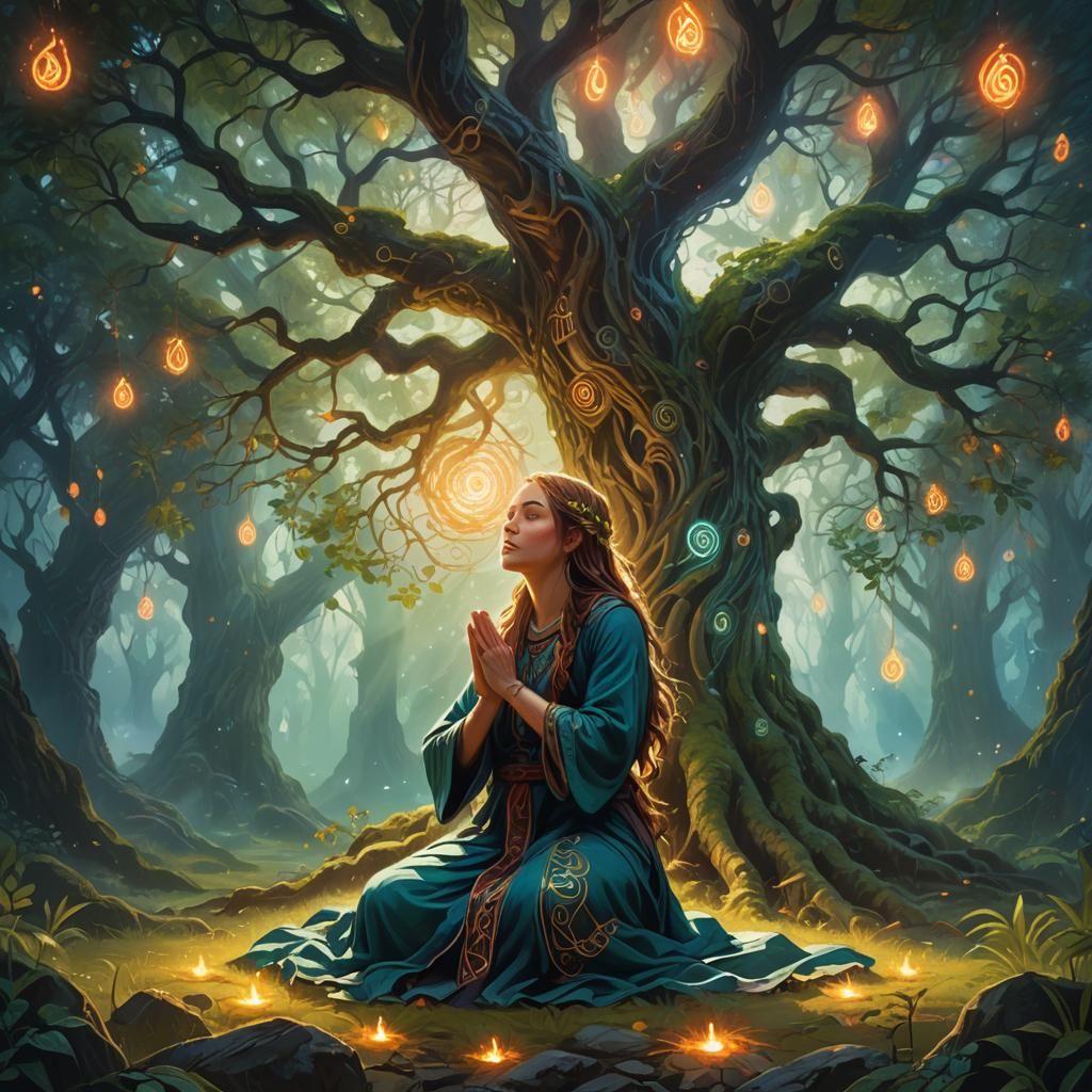 Maiden's Prayer Before Glowing Tree: Fantasy Oil Painting